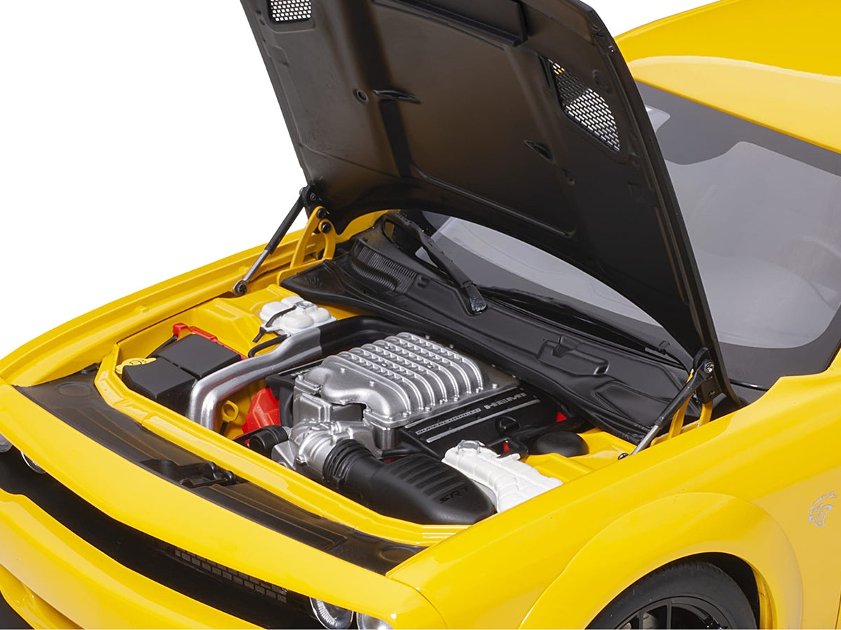 Miniature Dodge Challenger SRT Hellcat Widebody Yellow Jacket model car by Autoart, featuring satin black hood, detailed scale replica.