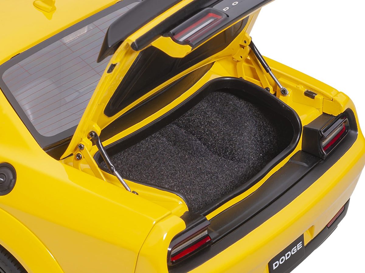 Dodge Challenger SRT Hellcat Widebody Yellow Jacket miniature model car with satin black hood by Autoart, detailed 1/18 scale.
