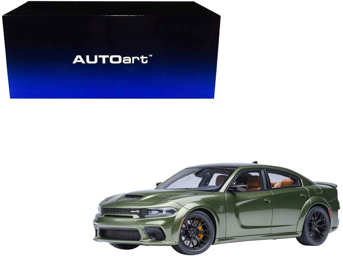 Miniature Dodge Charger SRT Hellcat Redeye F8 Green Metallic model car by Autoart, detailed 1/18 scale with matte black top.