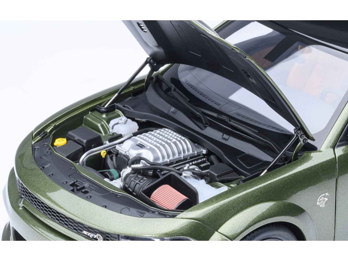 Miniature Dodge Charger SRT Hellcat Redeye F8 Green Metallic model car with matte black top by Autoart, detailed 1/18 scale.