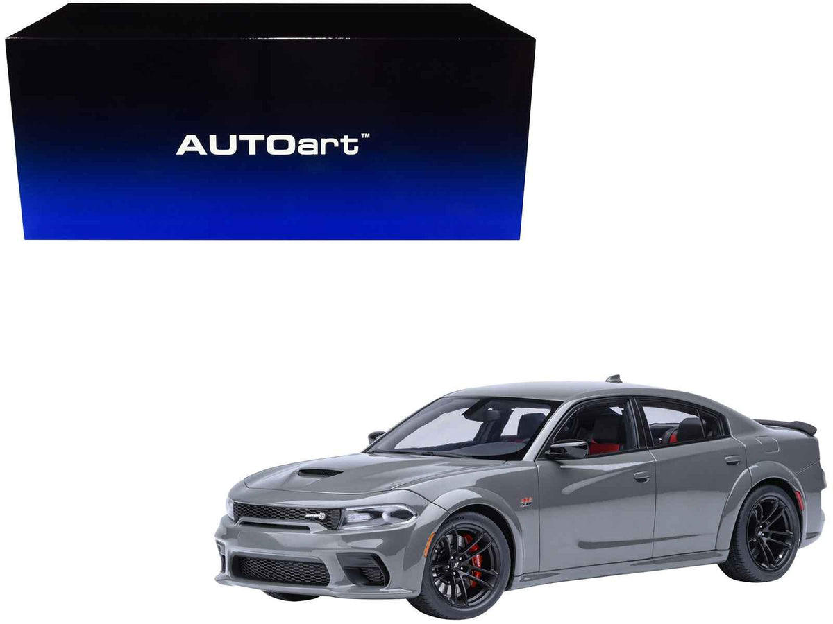 Miniature Dodge Charger Scat Pack Widebody Destroyer Gray 1/18 model car by Autoart, detailed scale replica with realistic features.