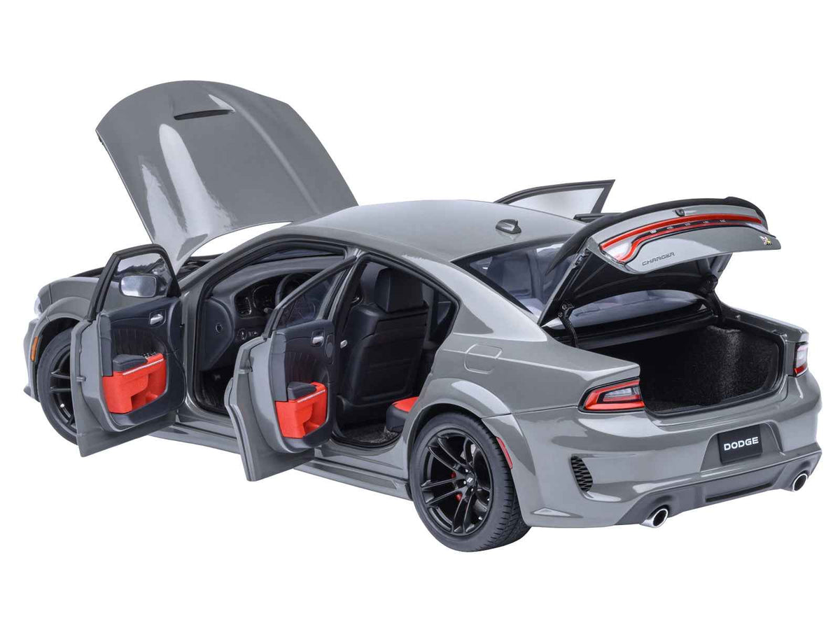 Miniature Dodge Charger Scat Pack Widebody Destroyer Gray 1/18 scale model car by Autoart, detailed and realistic.