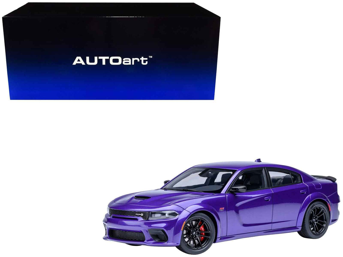 Miniature Dodge Charger Scat Pack Widebody model car in Plum Crazy Purple Metallic by Autoart, 1/18 scale.