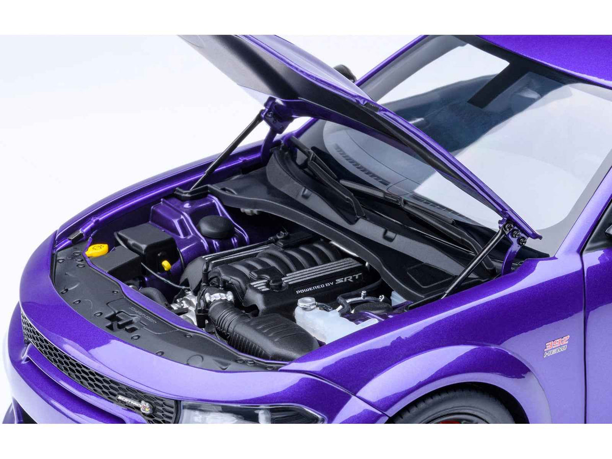 Miniature Dodge Charger Scat Pack Widebody model car in Plum Crazy Purple Metallic by Autoart, detailed 1/18 scale collectible.