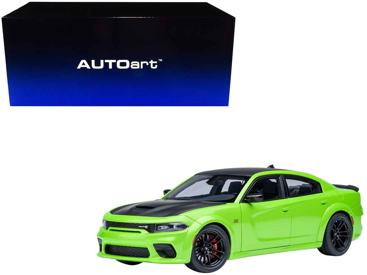 Miniature Dodge Charger Scat Pack Widebody model car in Sublime Green with matte black hood and roof by Autoart, 1/18 scale.