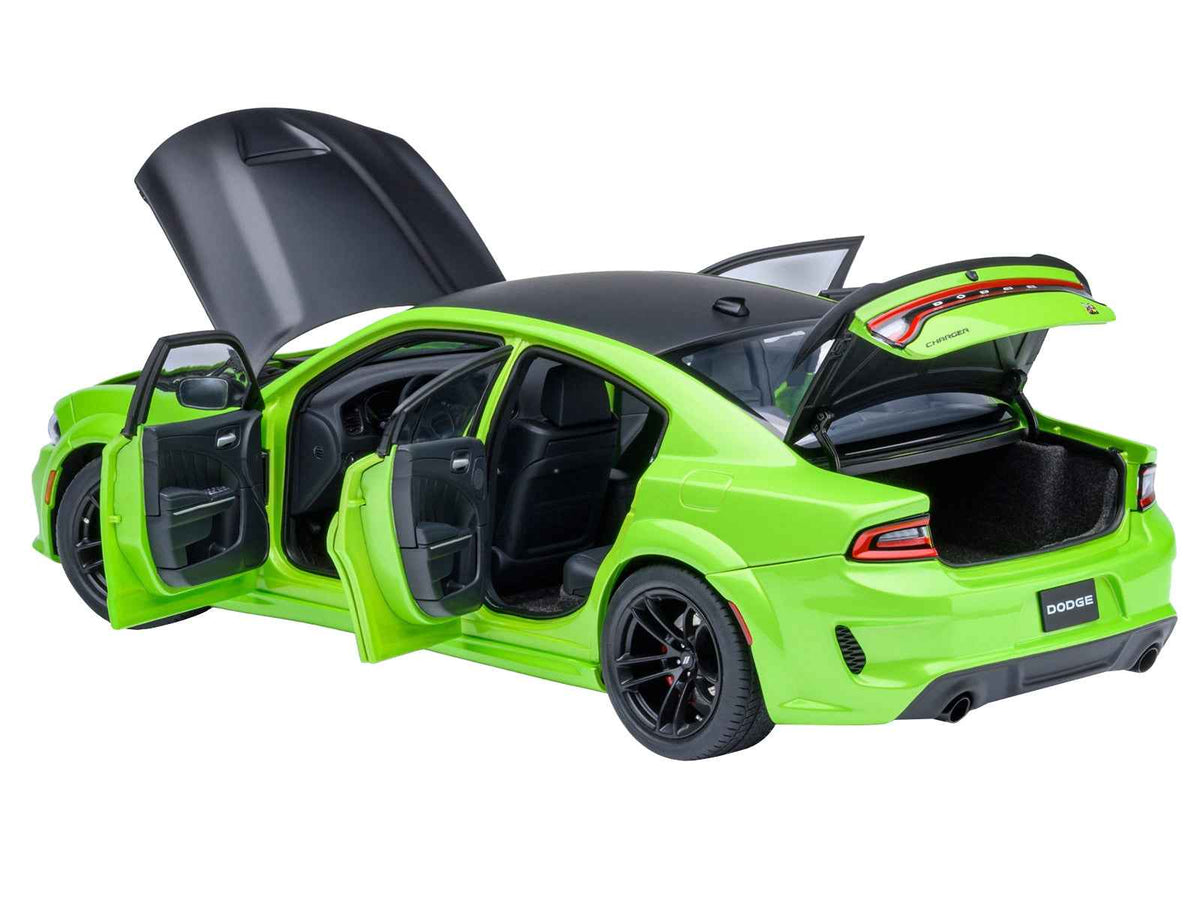 Miniature Dodge Charger Scat Pack Widebody model car by Autoart in Sublime Green with matte black hood, detailed 1/18 scale.