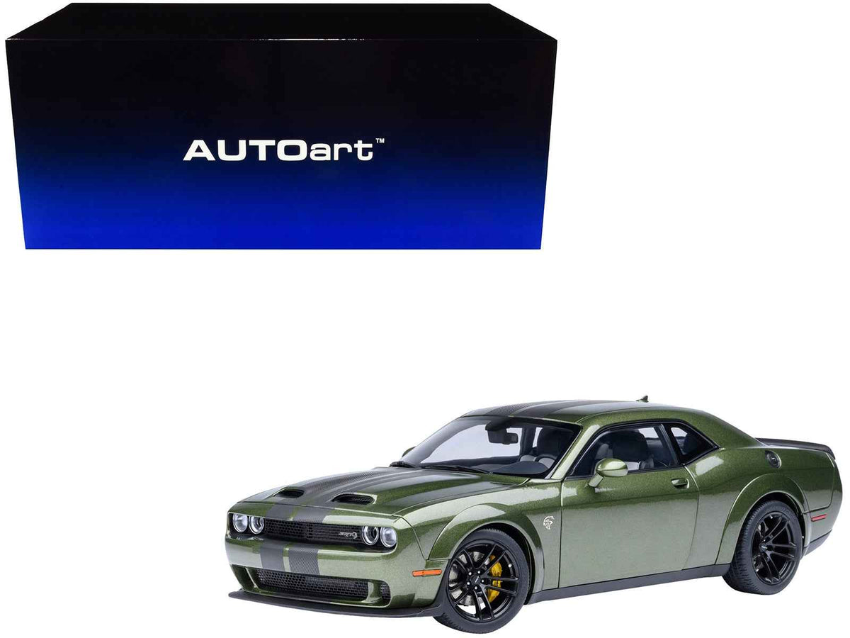 Miniature Dodge Challenger SRT Jailbreak F8 Green model car with carbon stripe details by Autoart, 1/18 scale.