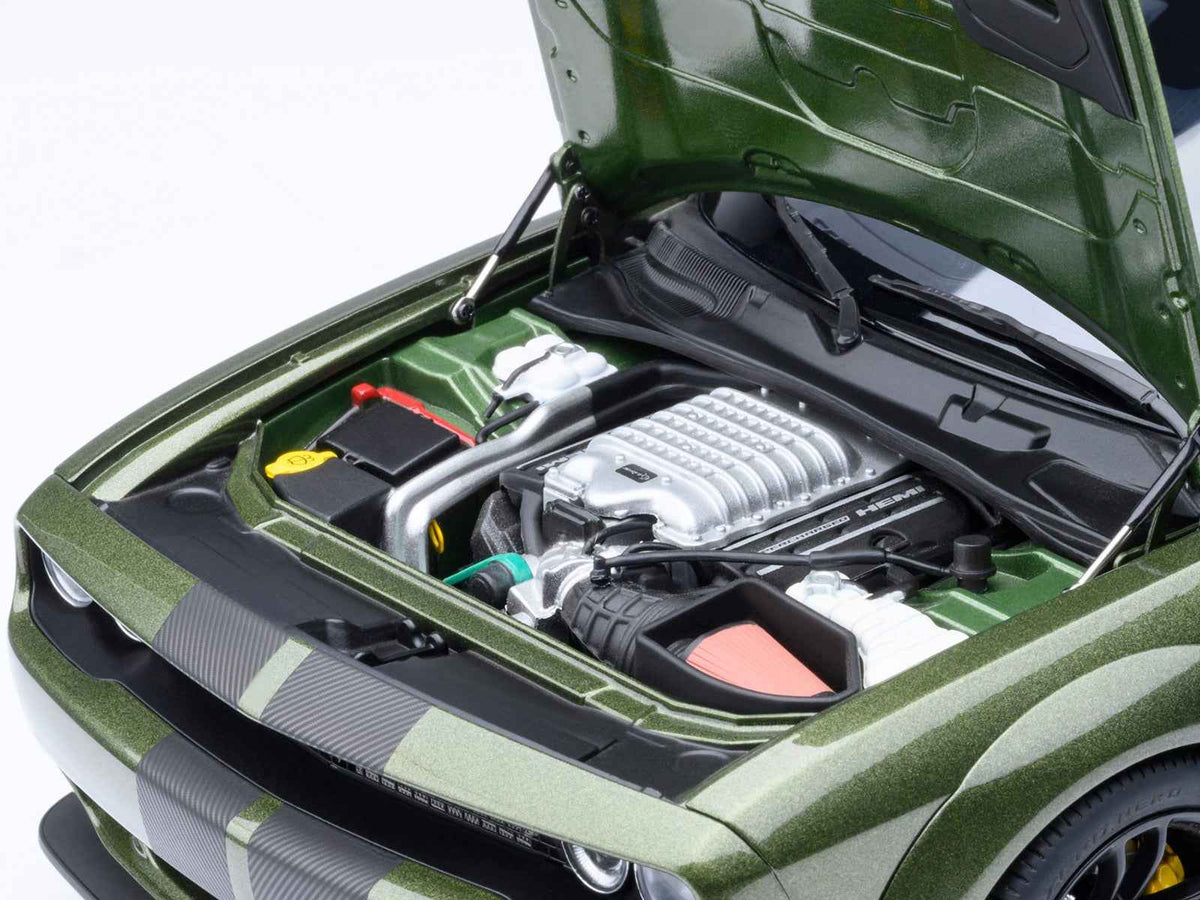 Miniature Motors 1/18 Dodge Challenger SRT Jailbreak F8 Green model car with carbon stripe detailing by Autoart.