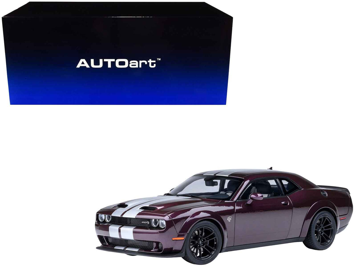 Miniature Motors 1/18 Dodge Challenger SRT Jailbreak Hellraisin Purple model car with white stripes, detailed scale replica by Autoart