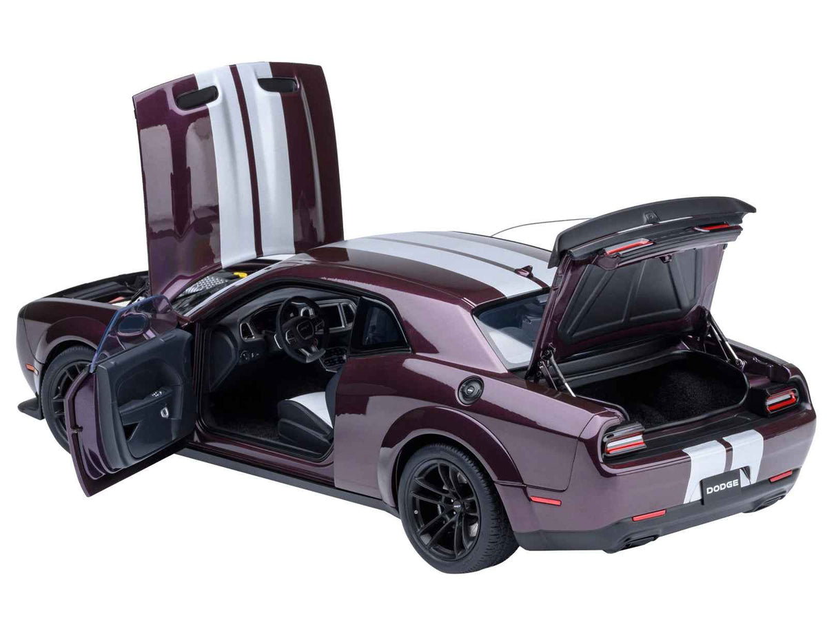 Miniature Motors 1/18 Dodge Challenger SRT Jailbreak Hellraisin Purple model car with white stripes, detailed collectible by Autoart