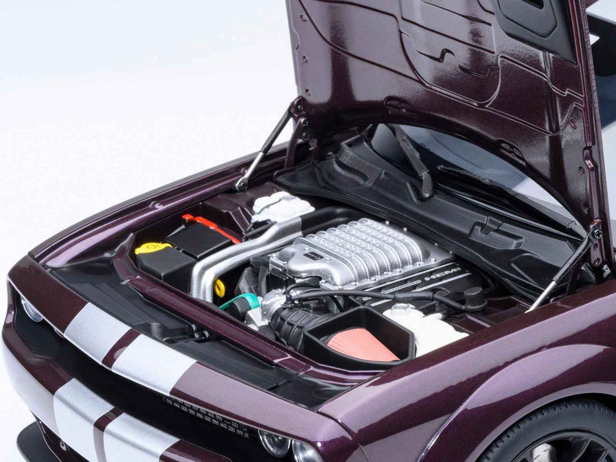 Miniature Motors 1/18 Dodge Challenger SRT Jailbreak Hellraisin Purple model car with white stripes by Autoart