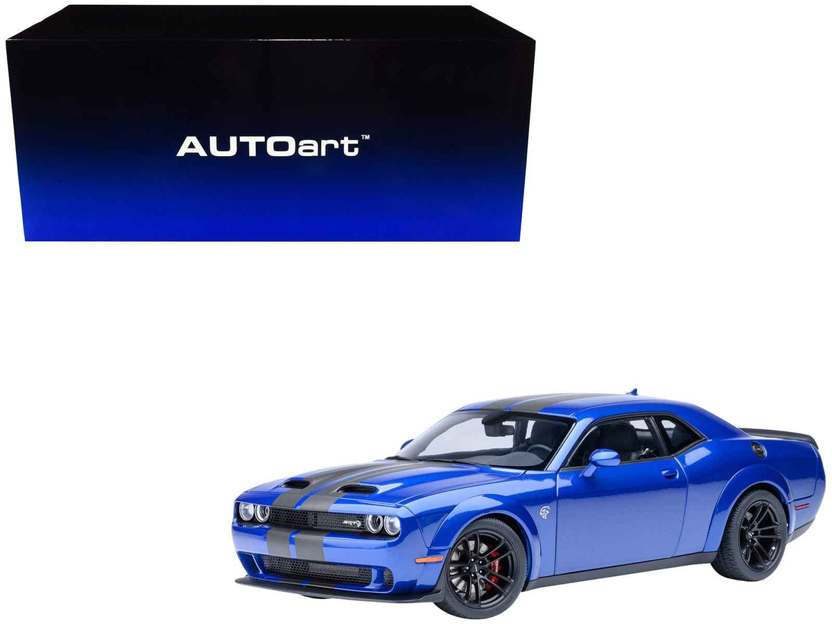 Miniature Dodge Challenger SRT Jailbreak model car in Indigo Blue Metallic with carbon stripes, 1/18 scale by Autoart.