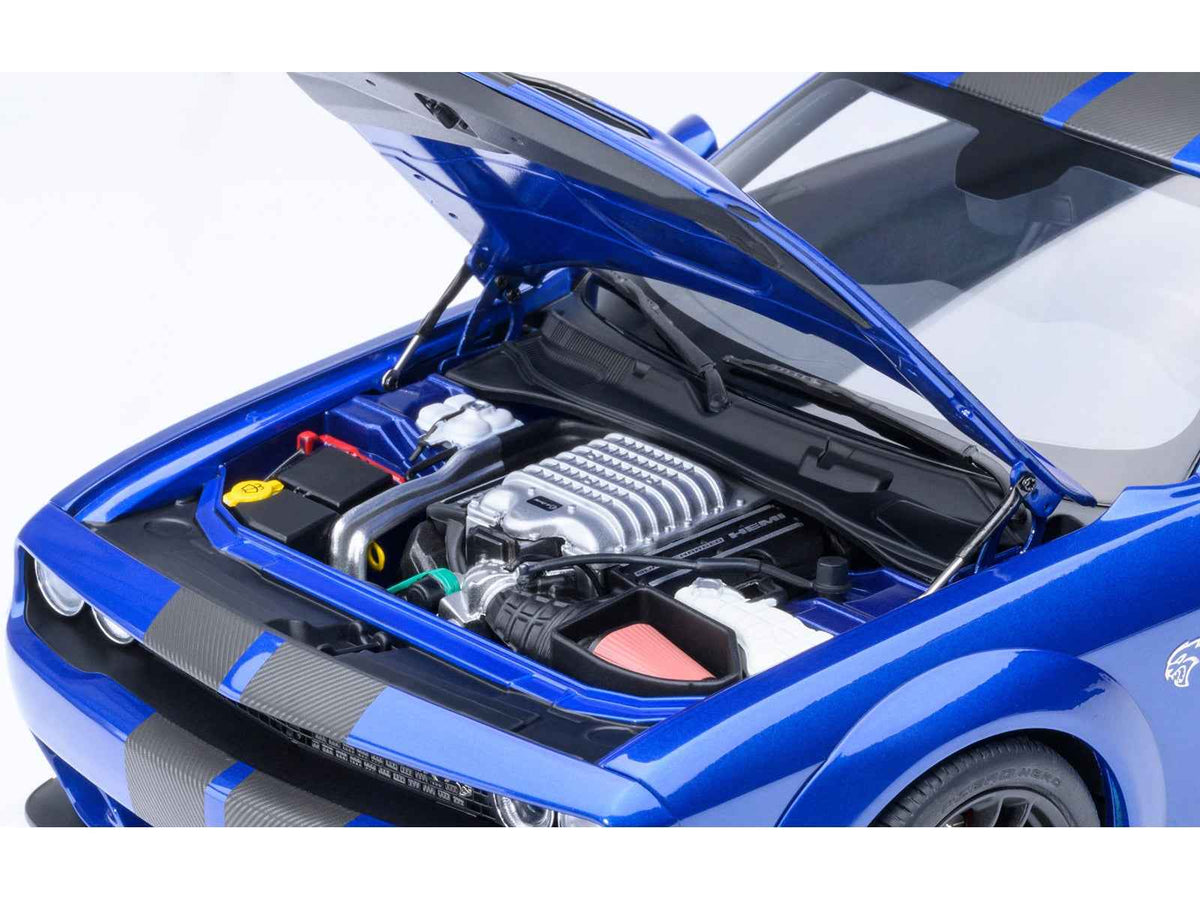 Miniature Dodge Challenger SRT Jailbreak 1/18 model car in Indigo Blue Metallic with carbon stripe detailing by Autoart.