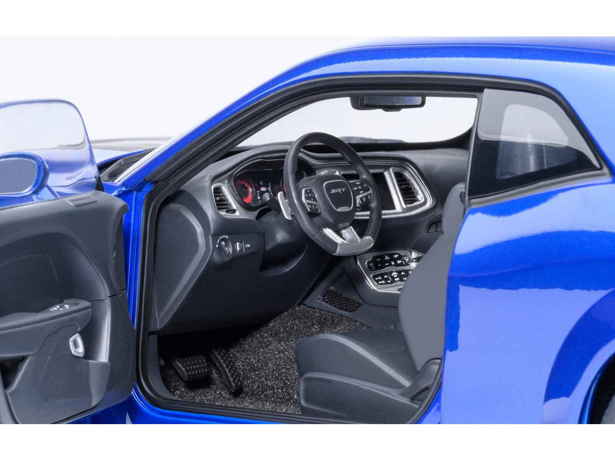 Miniature Dodge Challenger SRT Jailbreak 1/18 model car in Indigo Blue Metallic with carbon stripe detailing by Autoart.