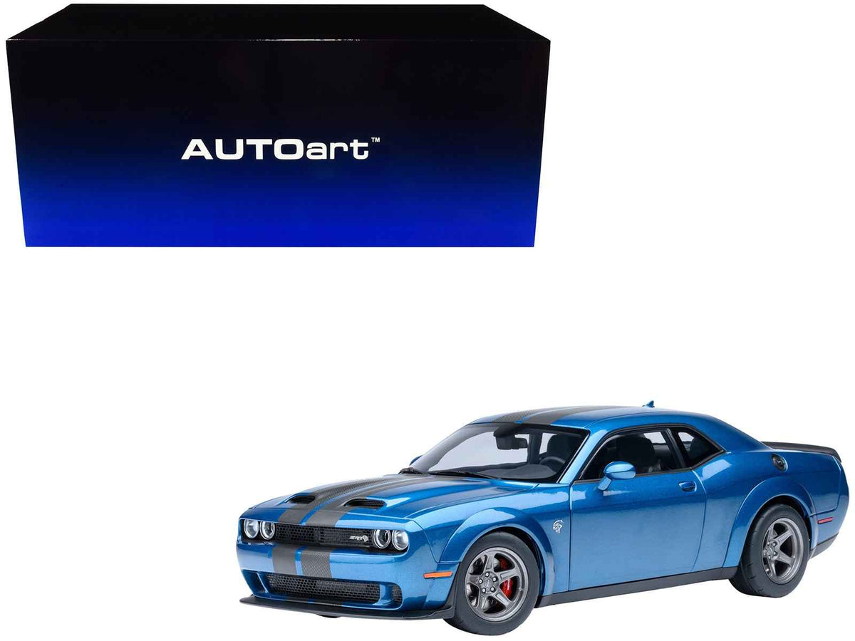 Miniature 1/18 Dodge Challenger SRT Super Stock model car in Frostbite Blue Metallic with carbon stripes by Autoart.