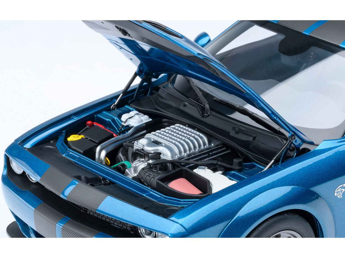 Miniature 1/18 Dodge Challenger SRT Super Stock model car in Frostbite Blue Metallic with carbon stripes by Autoart