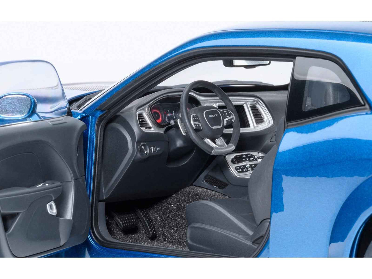 Miniature Motors 2023 Dodge Challenger SRT Super Stock model car in Frostbite Blue metallic with carbon stripes, 1/18 scale by Autoart.