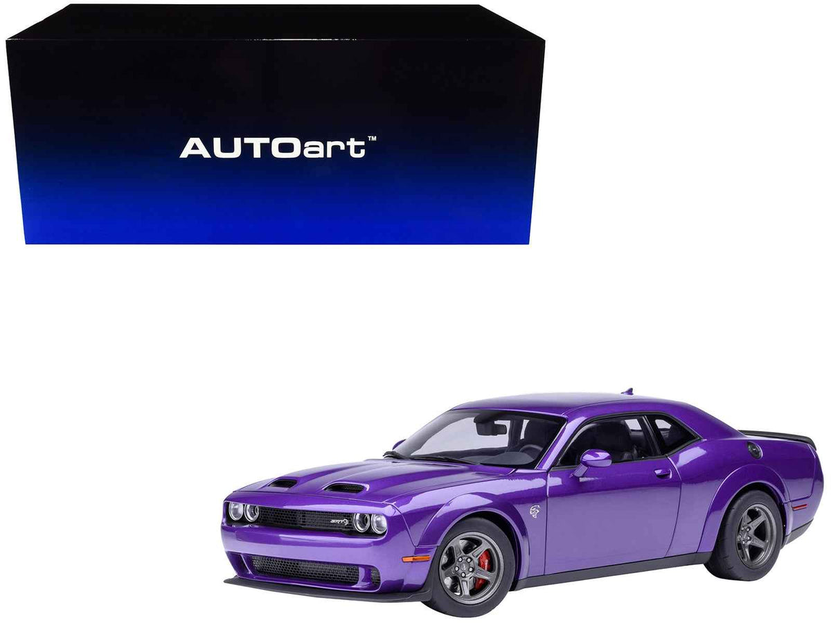 Dodge Challenger SRT Super Stock 1/18 scale model car in Plum Crazy purple by Autoart, detailed miniature collectible.