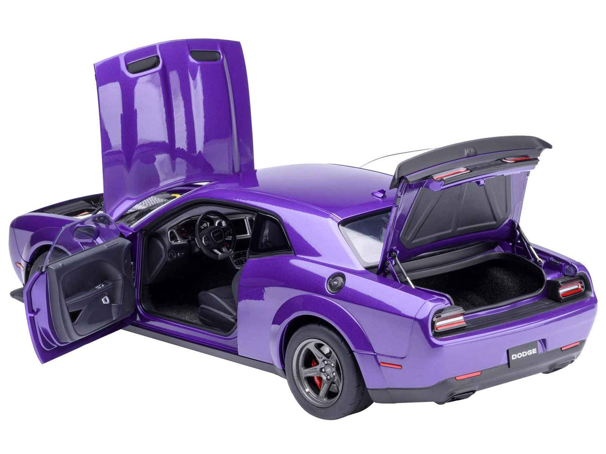 Miniature 1/18 Dodge Challenger SRT Super Stock model car in Plum Crazy Purple by Autoart, detailed collectible Dodge model.