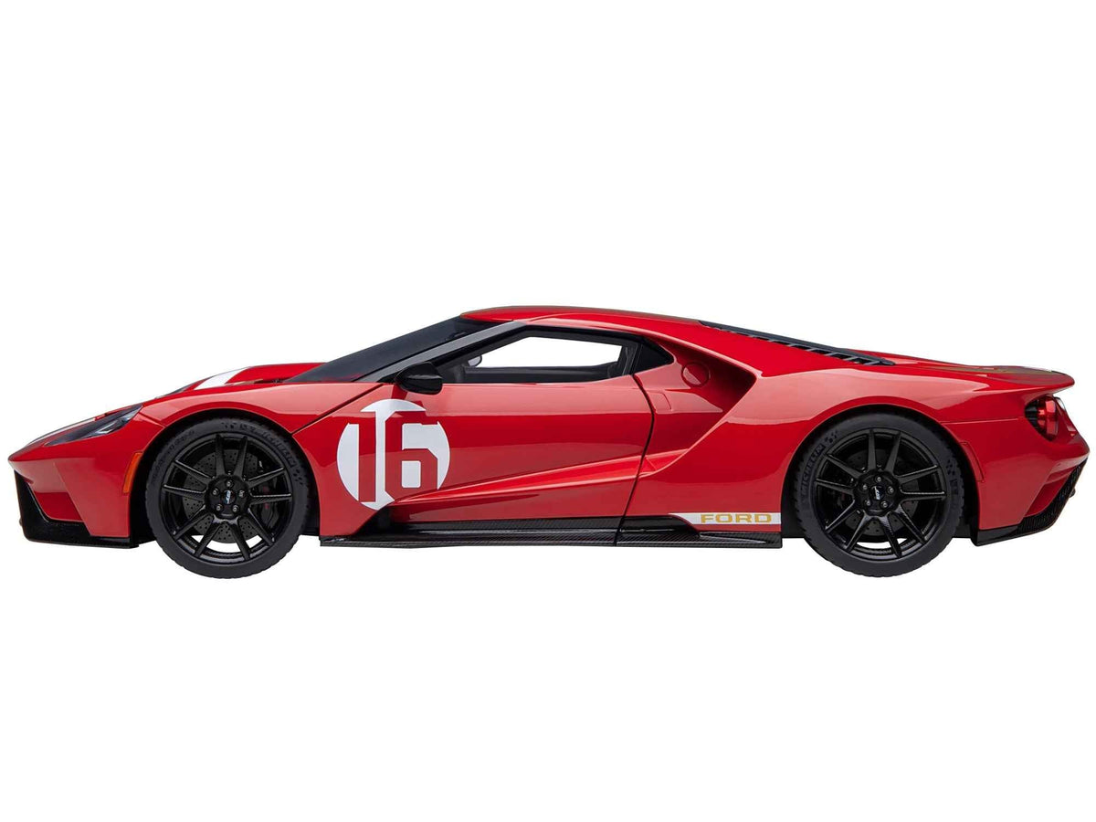 Ford GT Heritage Edition #16 Alan Mann 1/18 model car by Autoart, red metallic with gold stripes, detailed miniature vehicle.