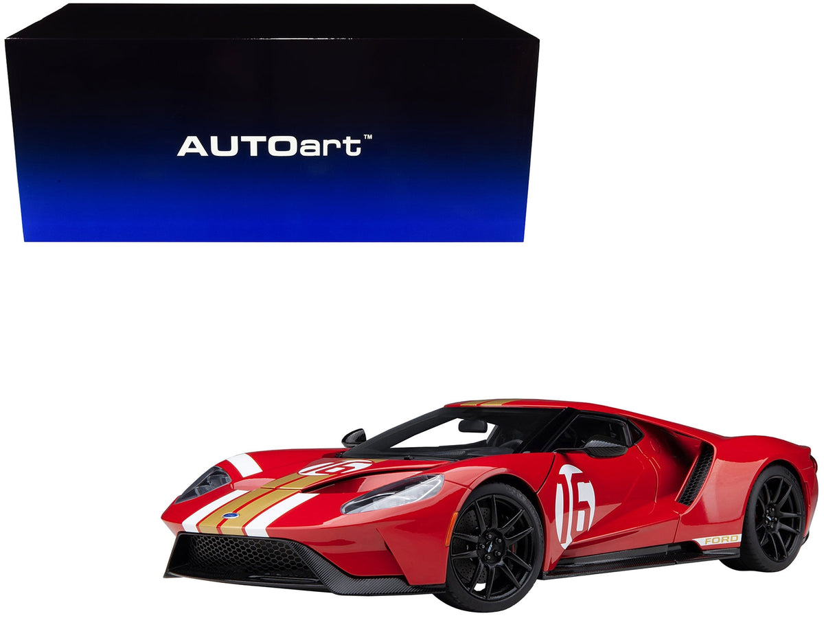 Red metallic Ford GT Heritage Edition #16 model car with gold stripes by Autoart, detailed 1/18 scale Ford model from Miniature Motors
