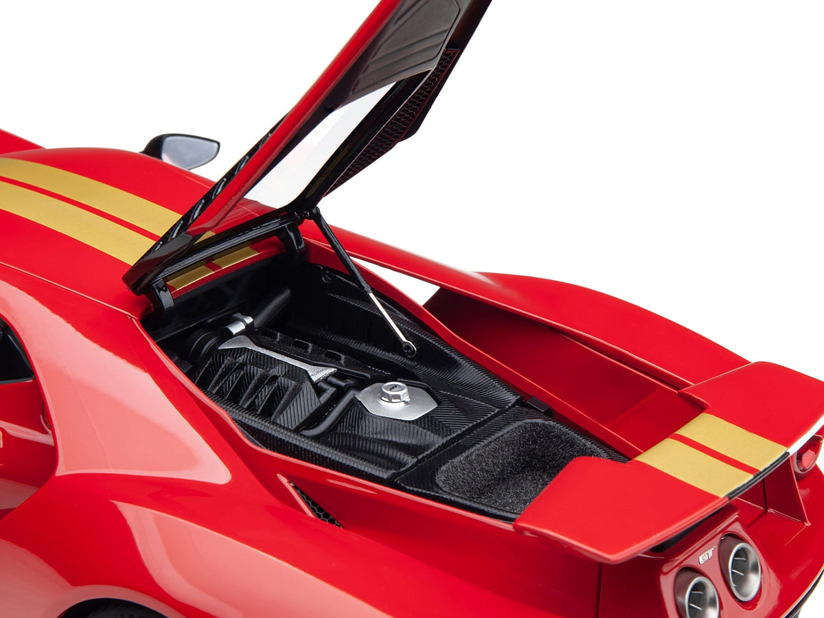 Ford GT Heritage Edition #16 Alan Mann model car by Autoart, red metallic with gold stripes, 1/18 scale miniature.
