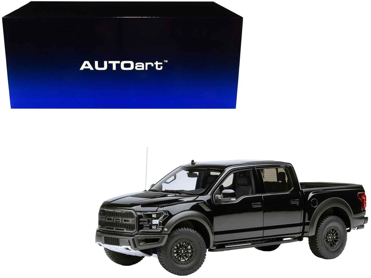 Miniature Motors 2019 Ford F-150 Raptor pickup truck model in Agate Black, 1/18 scale, detailed collectible model car.