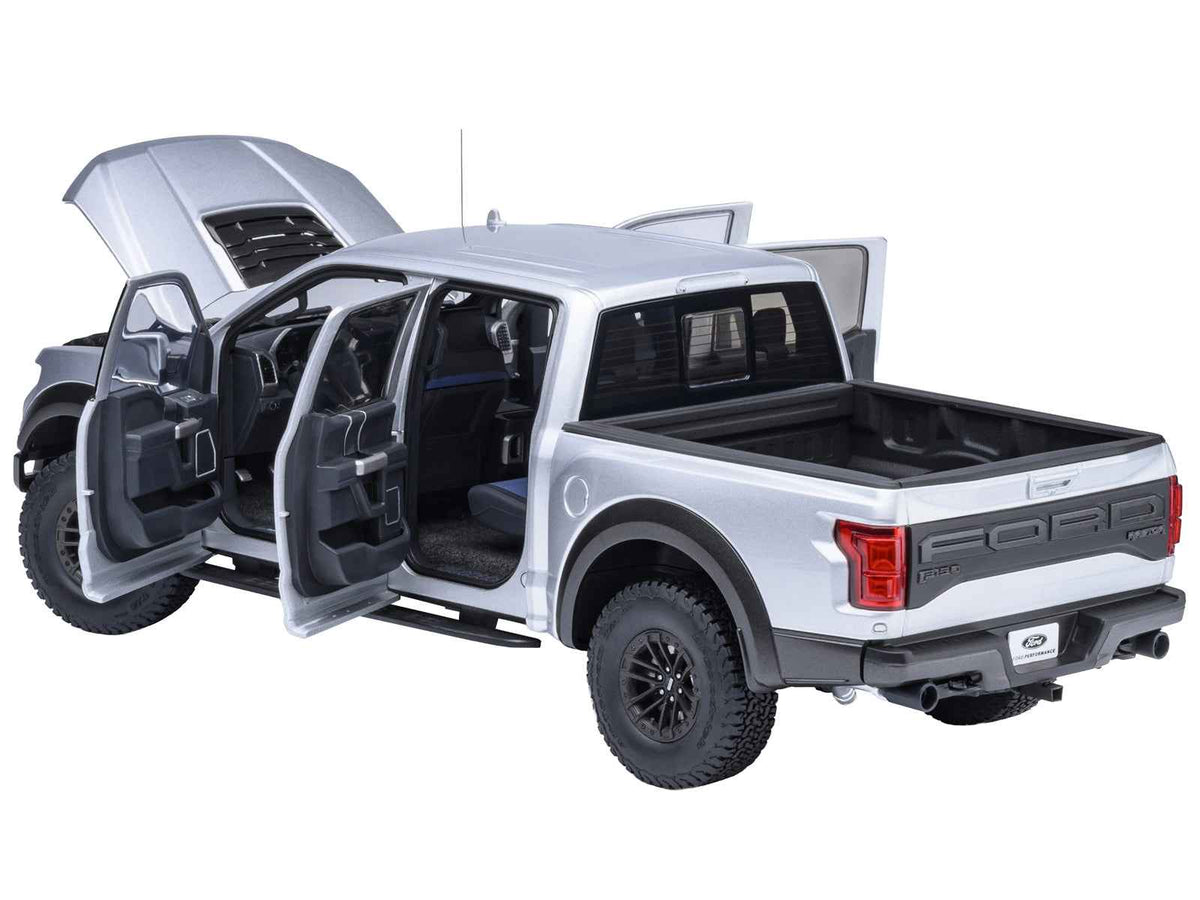 Miniature Motors 2019 Ford F-150 Raptor pickup truck model in Ingot Silver, 1/18 scale, detailed diecast car by Autoart
