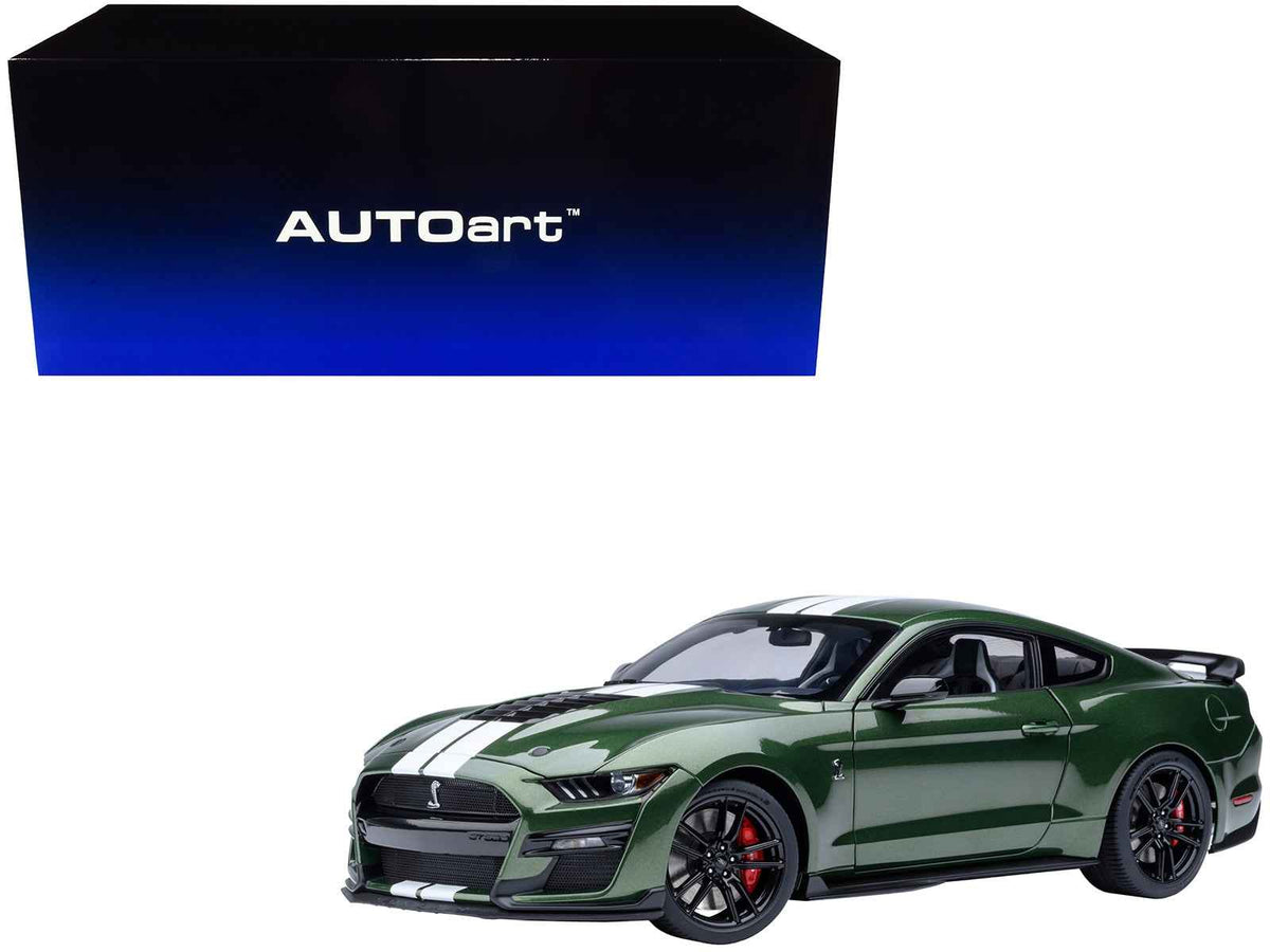 Miniature Ford Mustang Shelby GT500 model car in Eruption Green Metallic with white stripes by Autoart, 1/18 scale.