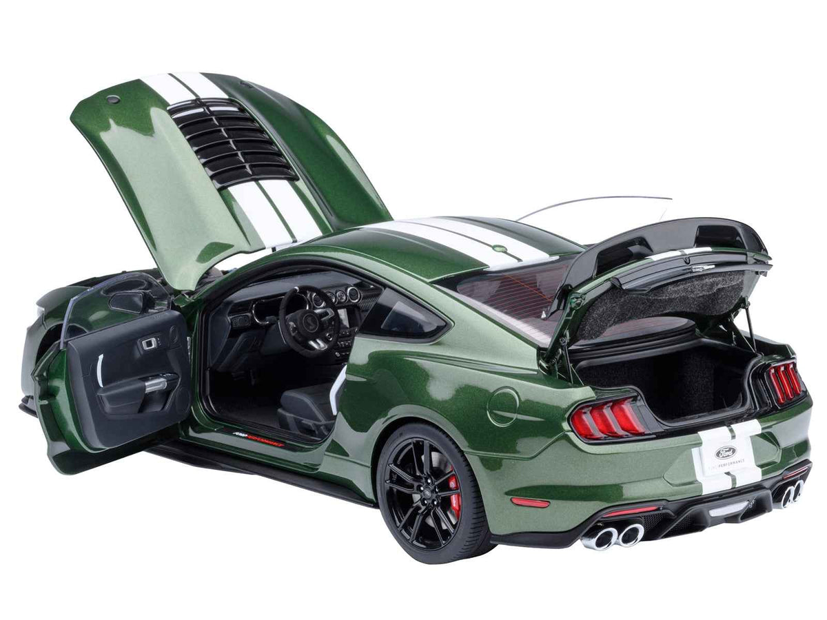 Miniature Ford Mustang Shelby GT500 model car in Eruption Green Metallic with white stripes, by Autoart, 1/18 scale.