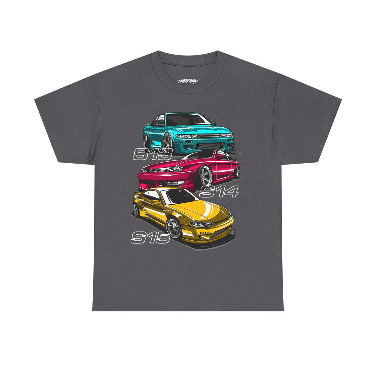 Evergreen Kings Nissan Silvia Trio T-Shirt featuring S13, S14, and S15 models, casual graphic tee with automotive design.