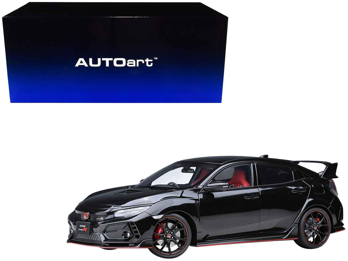 Miniature 1/18 scale Honda Civic Type R FK8 model car in Crystal Black Pearl, right-hand drive, by Autoart.