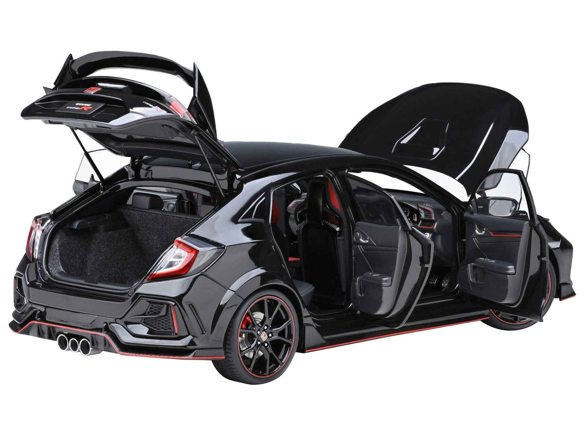 Miniature 1/18 scale Honda Civic Type R FK8 model car in Crystal Black Pearl, right-hand drive, by Autoart.
