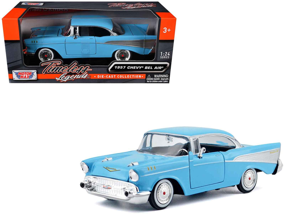 Light blue 1/24 diecast Chevrolet Bel Air model car from the Timeless Legends Series by Miniature Motors, detailed and collectible.