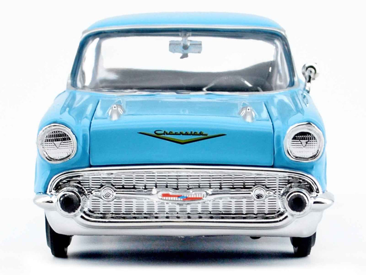 Light blue 1/24 diecast Chevrolet Bel Air model car from Miniature Motors' Timeless Legends series, detailed scale replica.