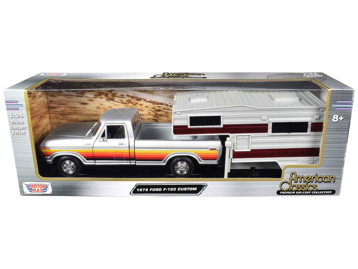 Silver metallic 1979 Ford F-150 Custom pickup truck diecast model by Miniature Motors, with side stripes and camper shell, 1/24 scale.