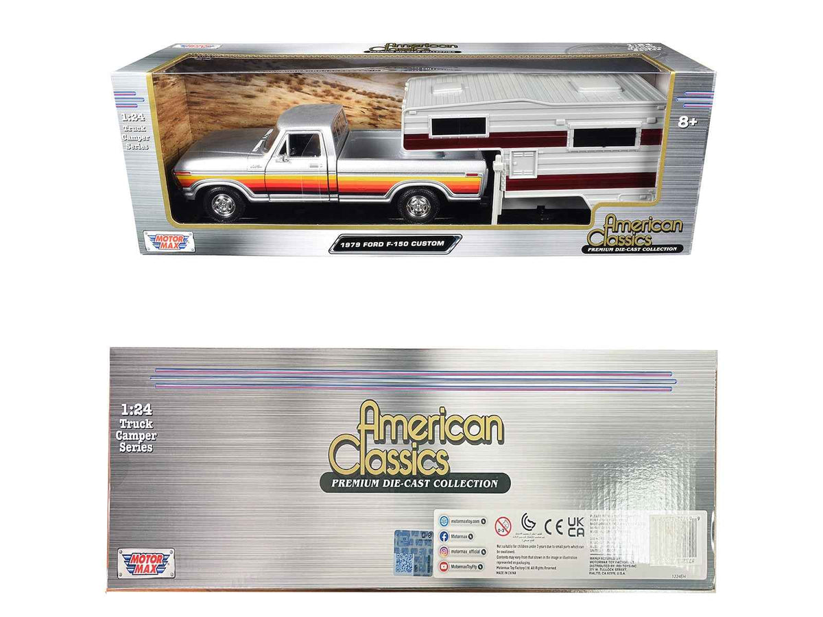 Silver metallic 1979 Ford F-150 Custom pickup truck diecast model with side stripes and camper shell, by Miniature Motors.