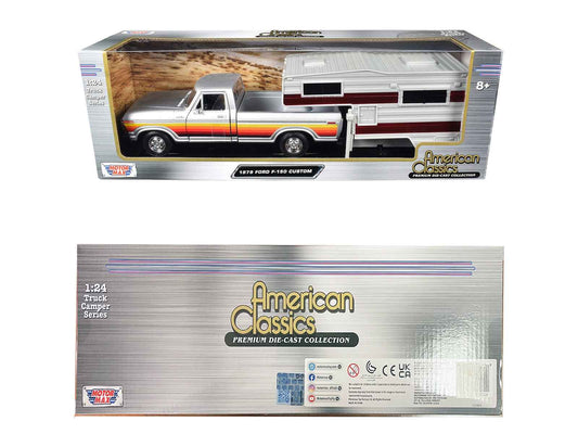 1979 Ford F-150 Custom Pickup Truck Silver Metallic with Side Stripes with Camper Shell "American Classics" Series 1/24 Diecast Model Car by Motormax