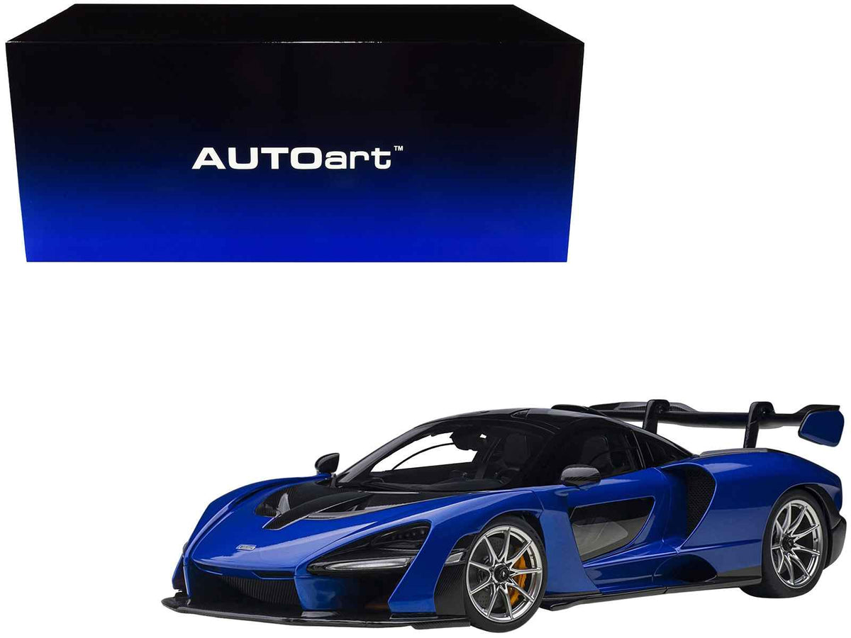 Miniature Motors McLaren Senna 1/18 model car in Kyanos Blue and Black with carbon accents, detailed replica by Autoart.