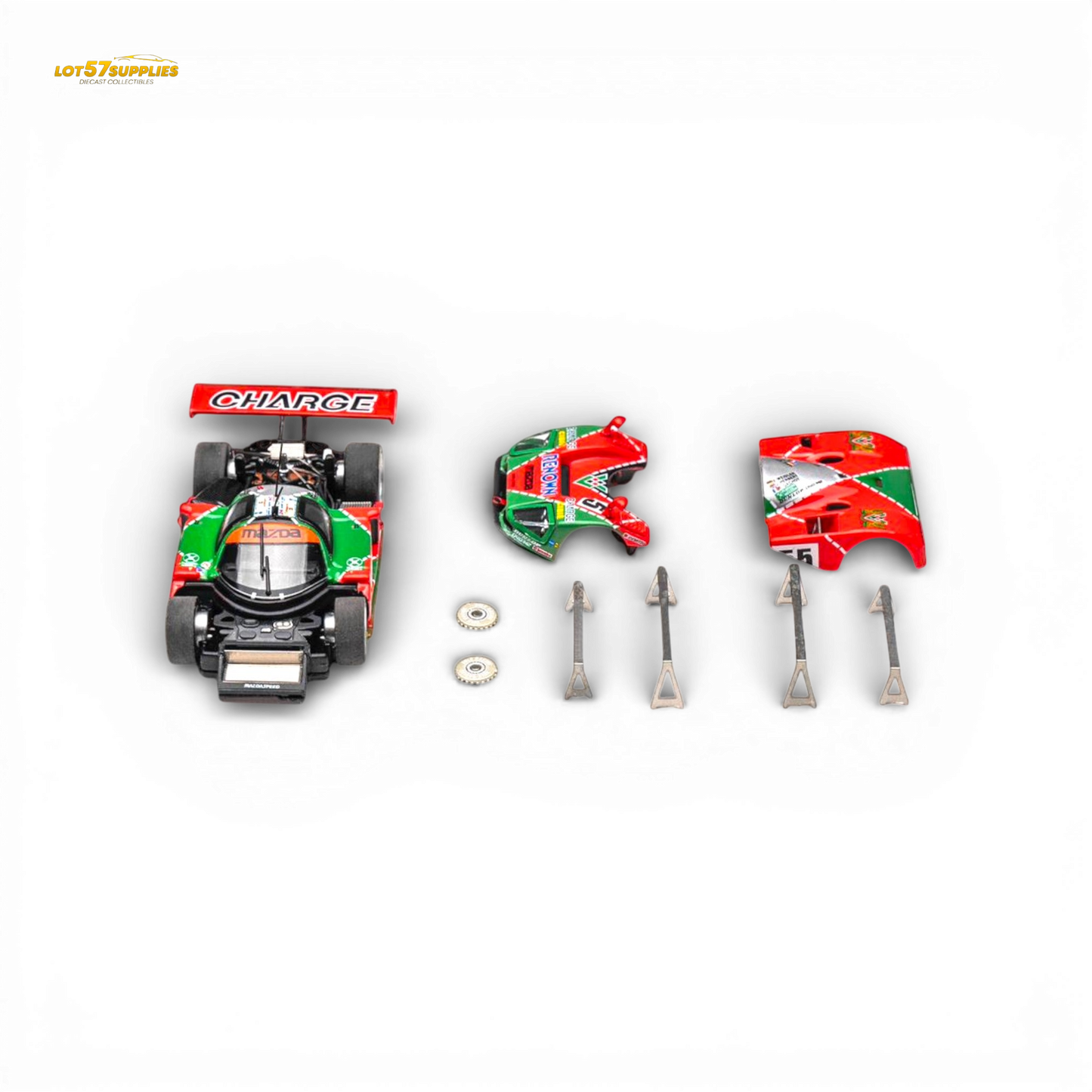 Mazda 787b #55 Le Mans diecast car by Lot57Supplies Diecast Shop, detailed 1:64 scale model with vibrant racing livery.