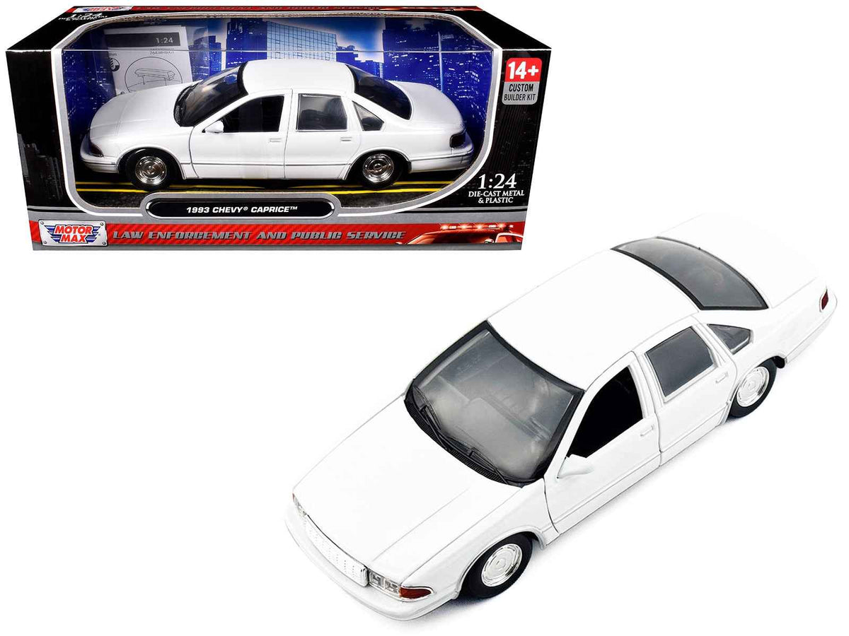 Unmarked white 1993 Chevrolet Caprice police car diecast model by Miniature Motors in 1/24 scale from the Custom Builder's Kit series.