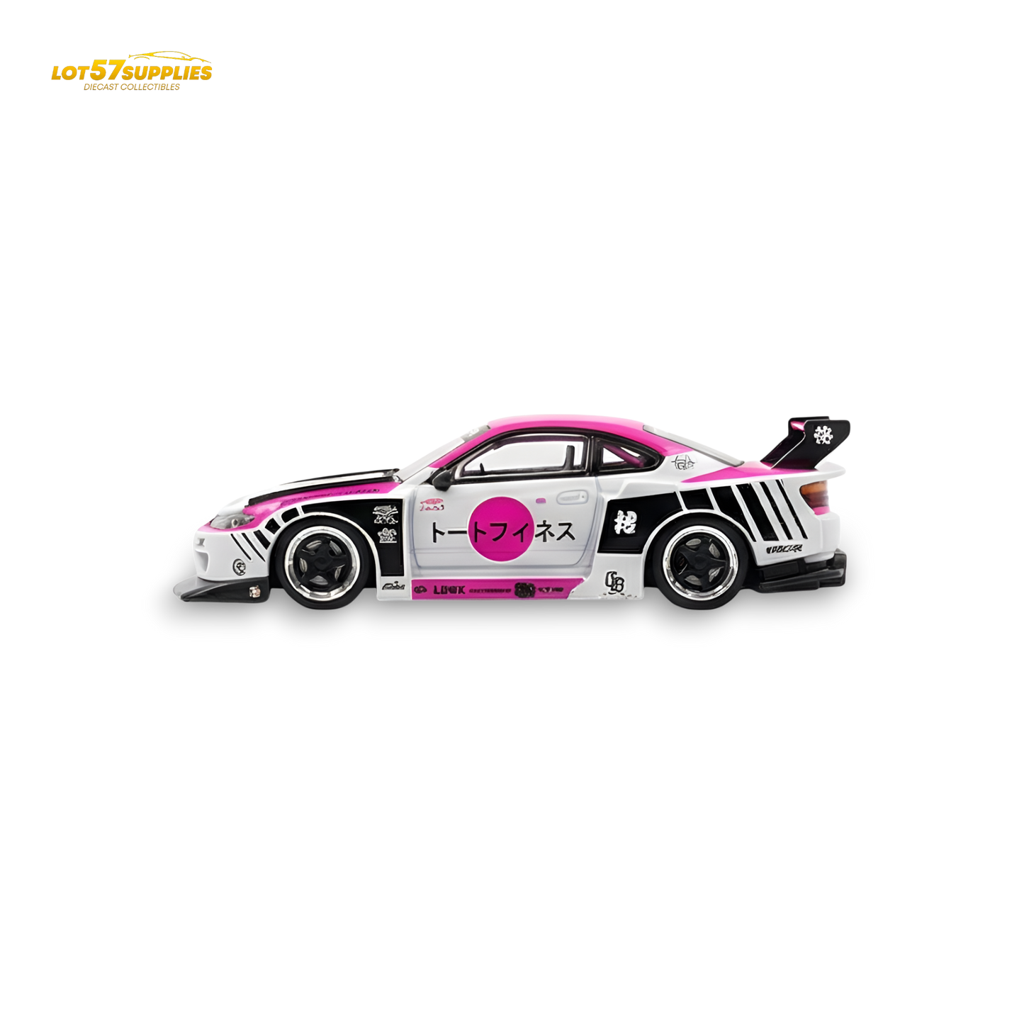 Pink and white TPC Silvia S15 LBWK Nissan diecast model car in 1:64 scale, featuring detailed design from Lot57Supplies Diecast Shop.
