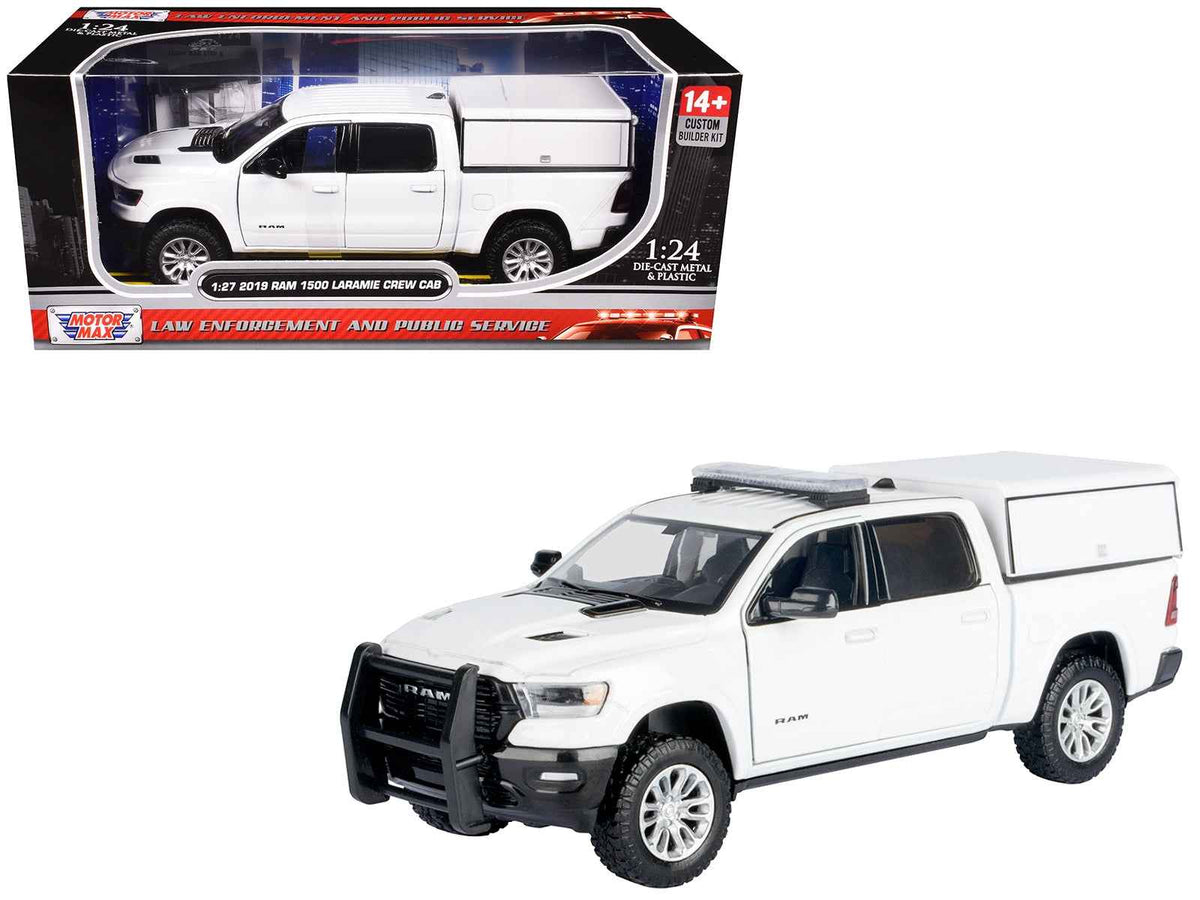 White 2019 RAM 1500 Laramie Crew Cab pickup truck diecast model by Miniature Motors, featuring truck bed camper and detailed exterior.