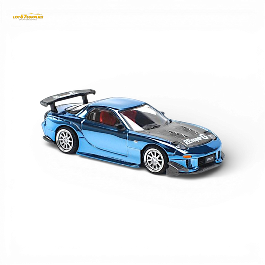 Blue chrome Mazda RX-7 diecast model by Lot57Supplies, detailed 1:64 scale Pop Race Re-Amemiya car image.