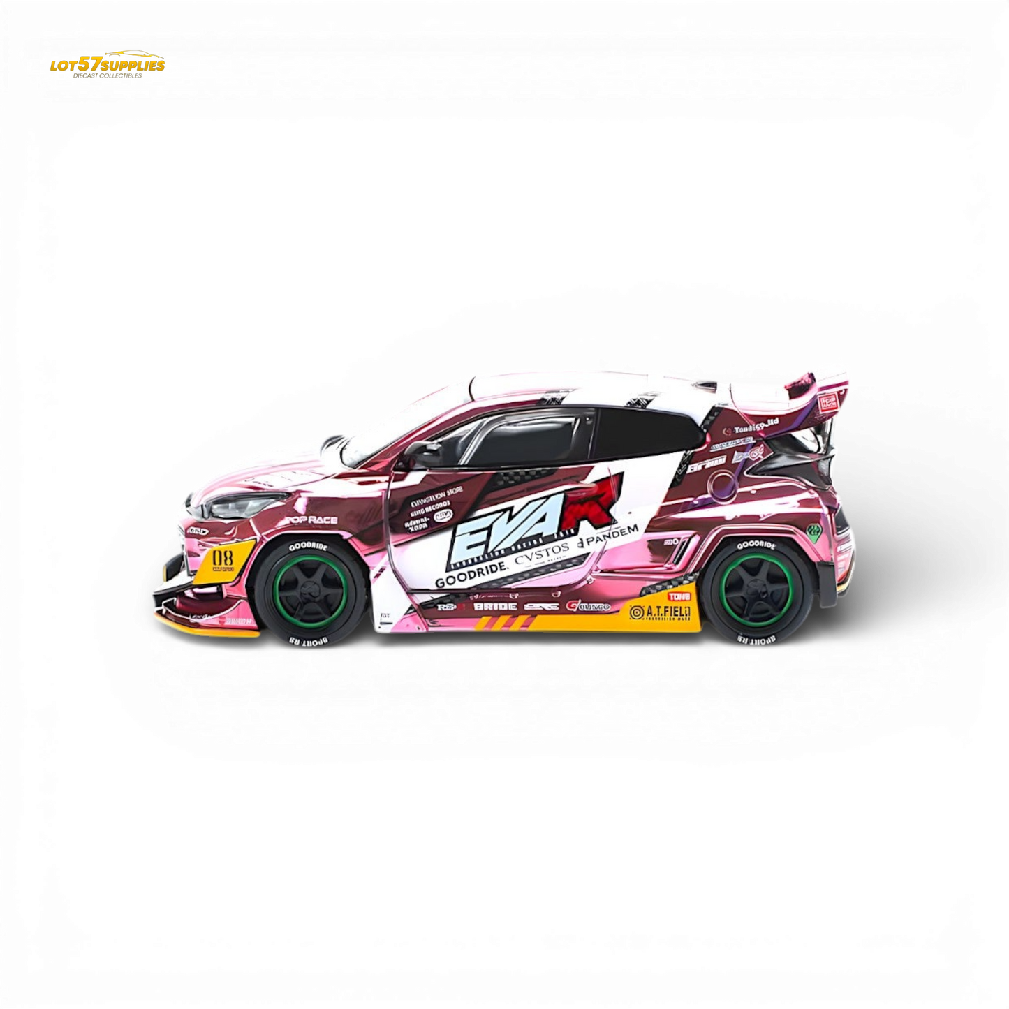 Pink Toyota GR Yaris diecast model by Lot57Supplies, 1:64 scale, detailed pop race replica with vivid pink finish.