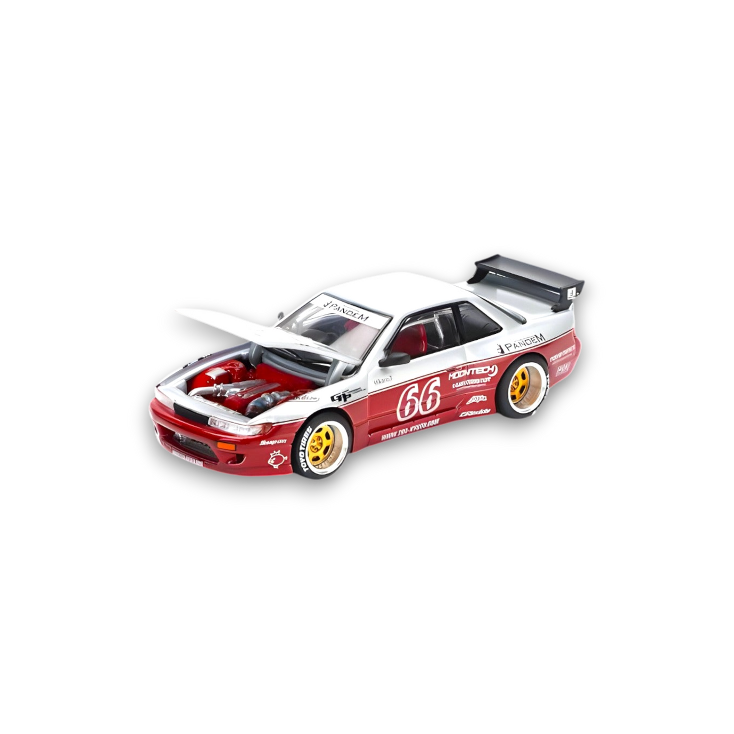 Red PopRace PANDEM SILVIA S13 diecast Nissan car, 1:64 scale, with Moontech design, detailed model for collectors.