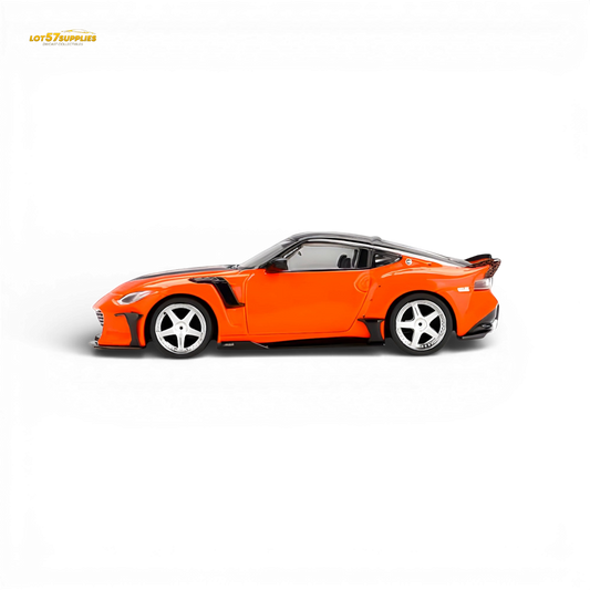 Orange Mini-GT Nissan Z VeilSide FFZ400 diecast model in 1:64 scale, detailed Nissan sports car collectible.