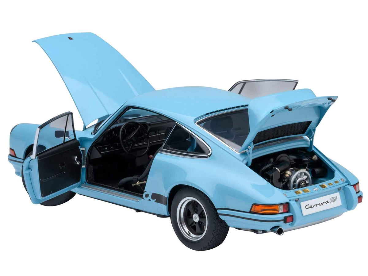 Miniature Porsche 911 Carrera 2.7 RS model car by Autoart in Gulf Blue with black stripes and detailed black wheels.