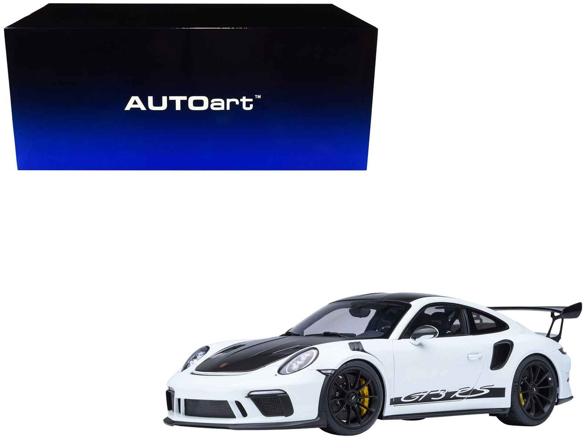 Miniature Porsche 911 (991.2) GT3 RS Weissach model car in white with carbon hood, detailed Autoart 1/18 scale collectible.