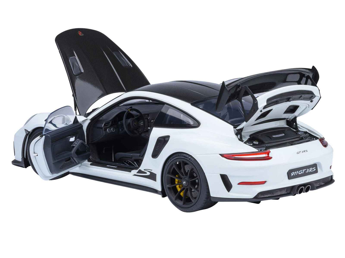 Miniature Porsche 911 (991.2) GT3 RS Weissach white model car with carbon hood, detailed 1/18 scale by Autoart